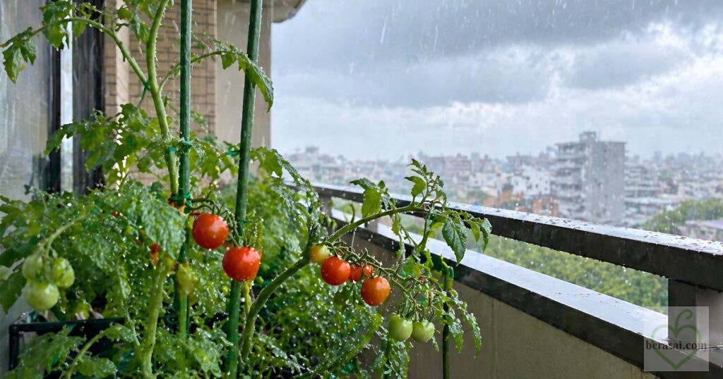 雨のベランダとミニトマト